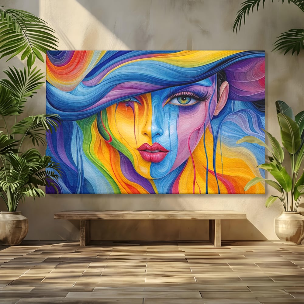 Tablou canvas cu tablou canvas cu portret de femeie in culori curcubeu, fara rama, pe sasiu de lemn